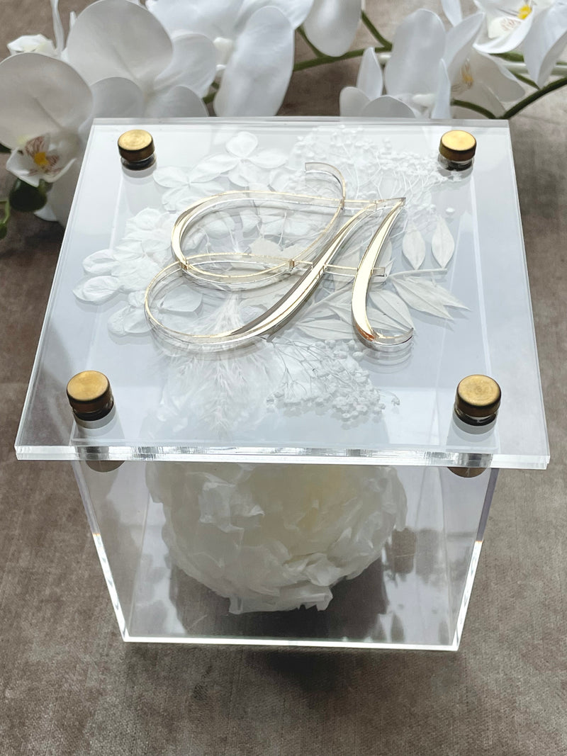 Acrylic Box with Dried Peony & Floral Monogram Lid