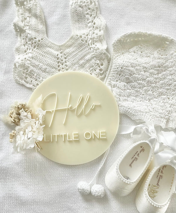 'Hello Little One' Acrylic Birth Announcement with Mini Floral Bouquet