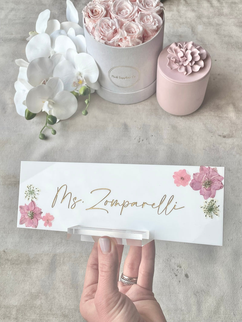 Acrylic Teacher Name Plate with Dried Florals