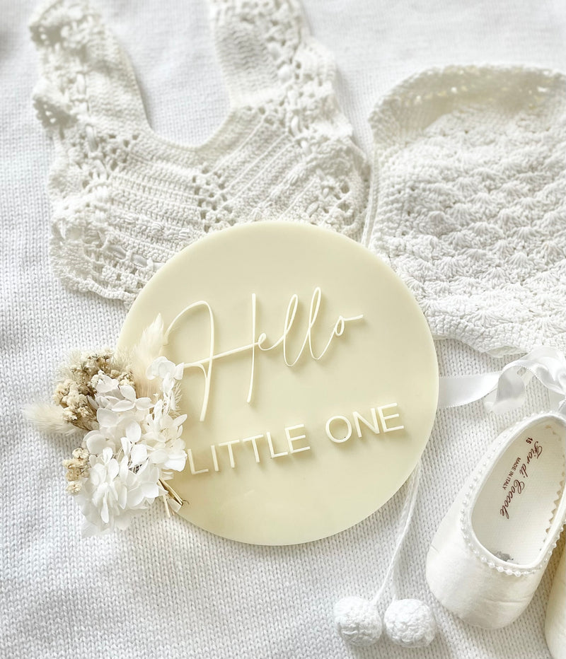 'Hello Little One' Acrylic Birth Announcement with Mini Floral Bouquet