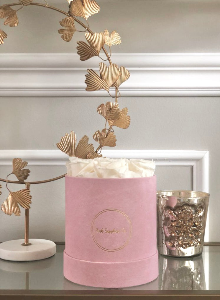 Couture Round Dusty Rose Velvet Box with 7-9 Eternity Roses