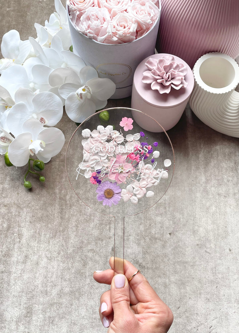 Round Acrylic Cake Topper with Dried Pressed Florals