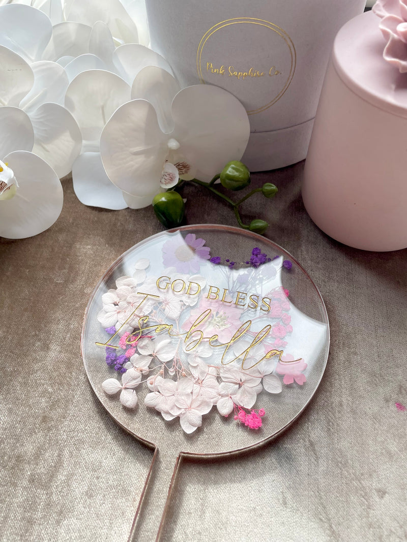 Round Acrylic Cake Topper with Dried Pressed Florals