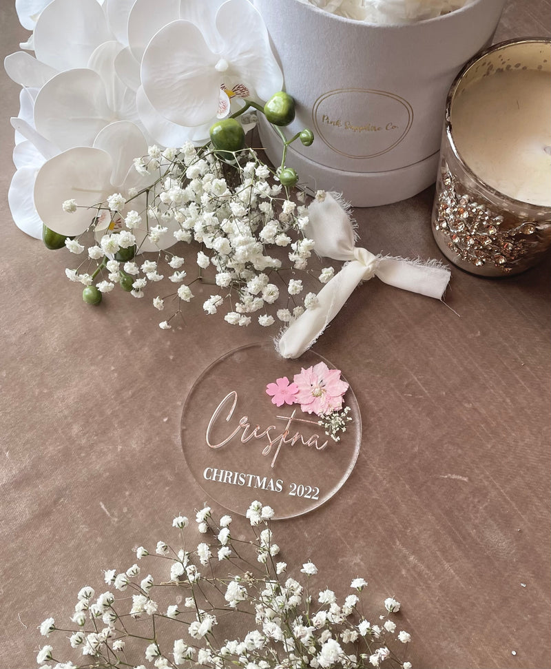 Engraved Acrylic Ornament with Dried Florals